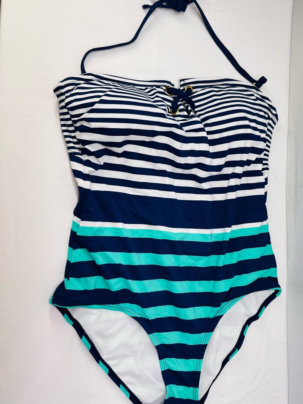 Liz Claiborne Navy, White and Teal Striped One-Piece Swimsuit